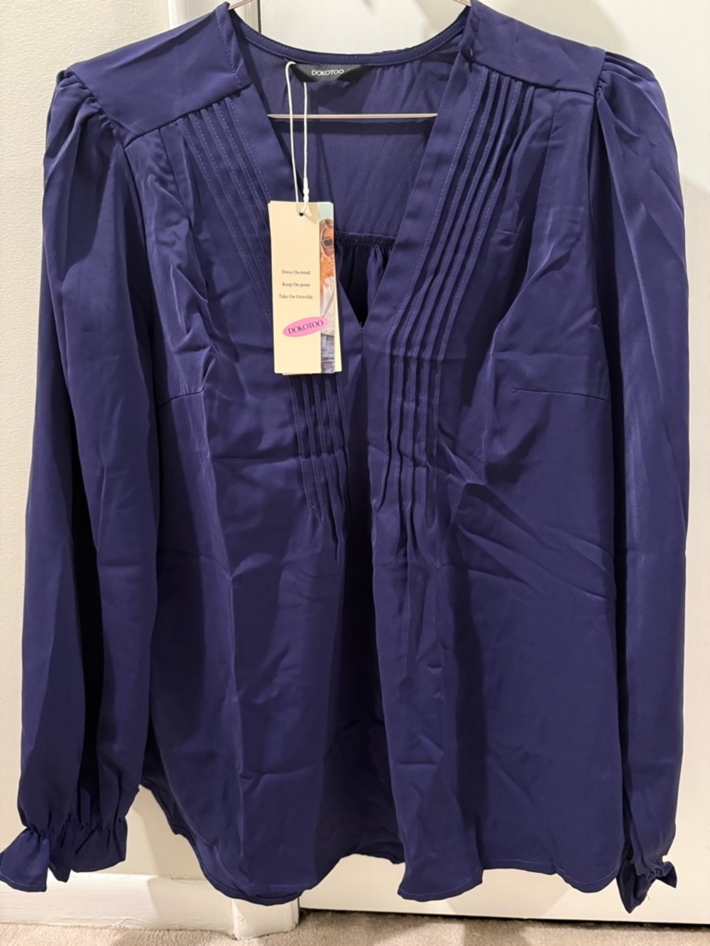 NWT Dokotoo Dark Navy Pintuck V-Neck Blouse